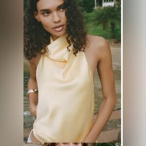 Zara NWT butter yellow Satin-like Halter cowl neck lined Tank Top  size XS